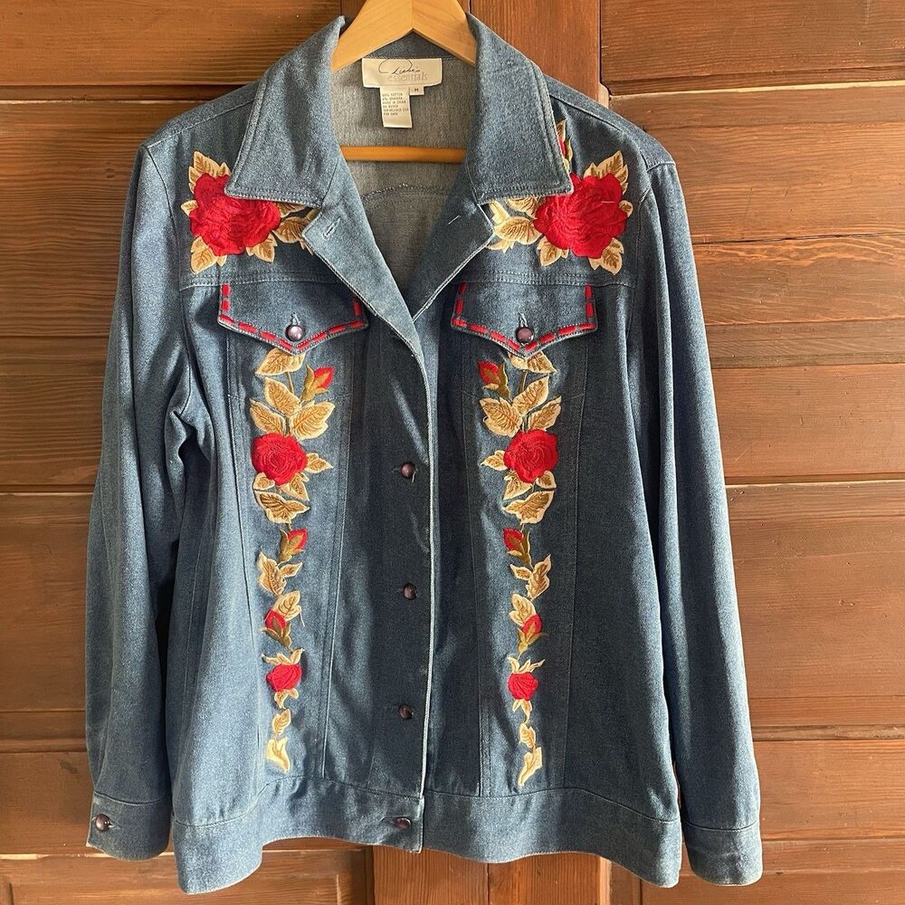 VTG Denim Red Flower Embroidered Jacket Purple Buttons Size Medium